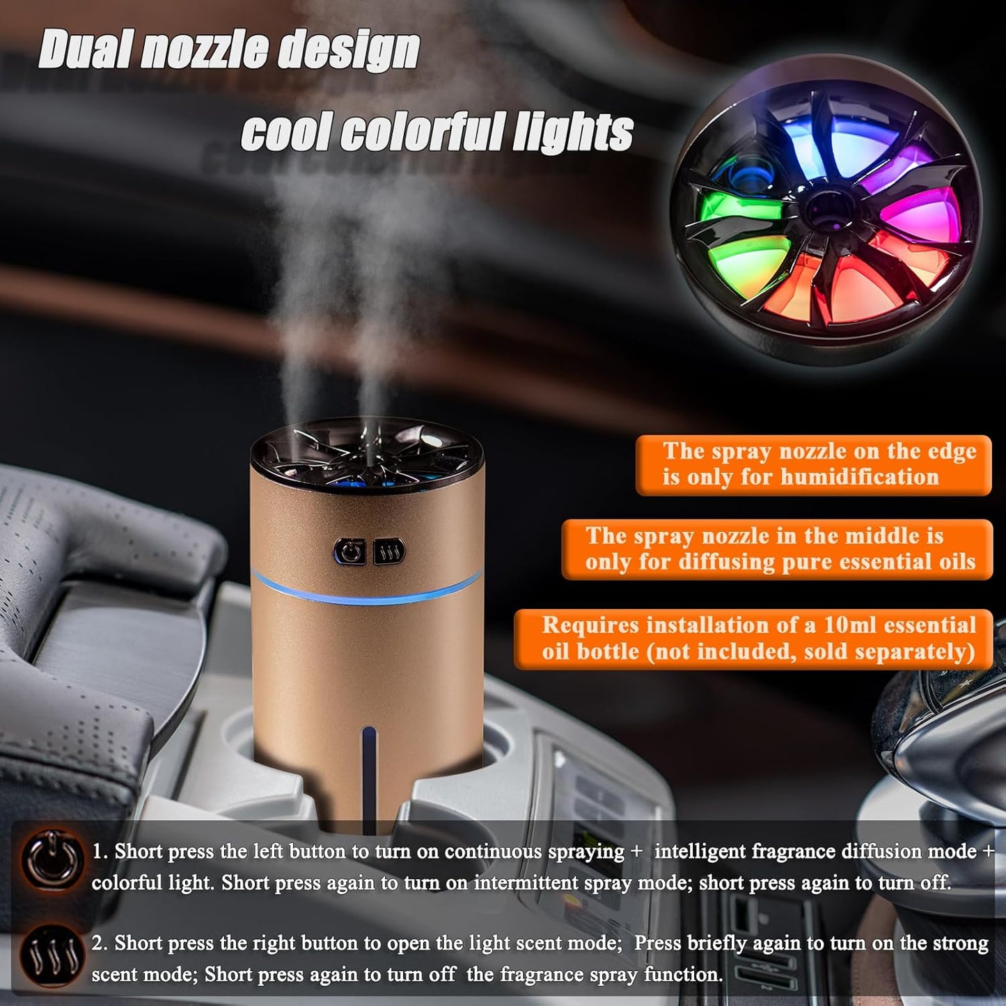 π Holwim Waterless Car Diffuser β 300ml Dual Nozzle, Battery Powered, Smart Aromatherapy with LED Lights β Black