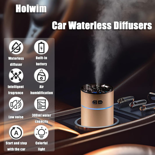🚗 Holwim Waterless Car Diffuser – 300ml Dual Nozzle, Battery Powered, Smart Aromatherapy with LED Lights – Black